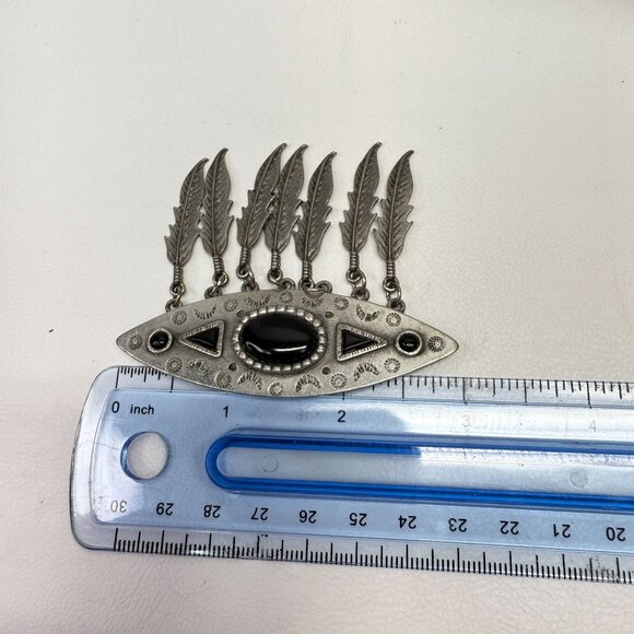 JJ Jonette Southwestern Design Feathers Black Stone Dangle Brooch Vintage 1988 - Picture 7 of 8